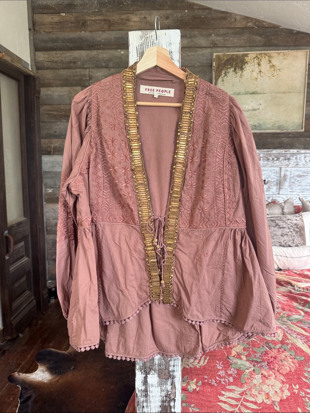 Free People Dusty Mauve Embroidered Jacket with Gold Trim